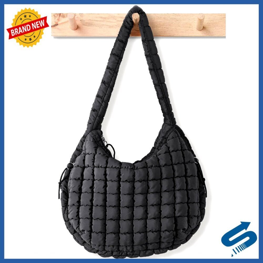 Large Quilted Puffer Tote Bag with Crossbody Strap, Multiple Zippered Pockets